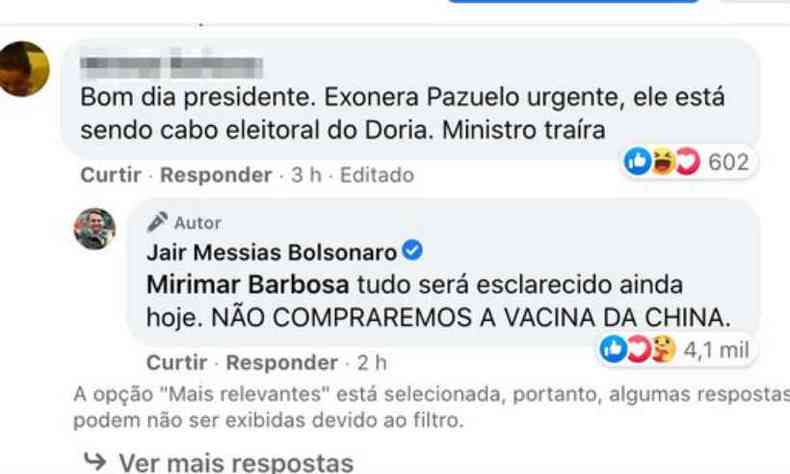 Resposta de Bolsonaro a seguidora no Facebook(foto: Reprodução/Facebook Jair Messias Bolsonaro)
