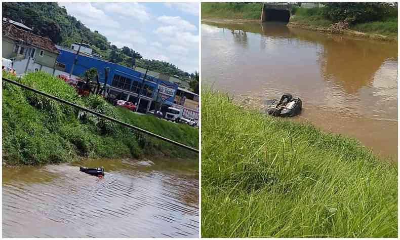 BMW submersa no Rio Paraibuna, em Juiz de Fora, após acidente