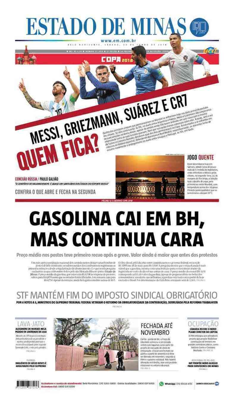 Confira a Capa do Jornal Estado de Minas do dia 30/06/2018