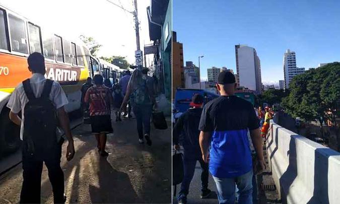 Com ônibus presos no congestionamento, pessoas seguiam a pé por viaduto do Complexo da Lagoinha(foto: João Vítor Almeida/Divulgação) Com ônibus presos no congestionamento, pessoas seguiam a pé por viaduto do Complexo da Lagoinha(foto: João Vítor Almeida/Divulgação)