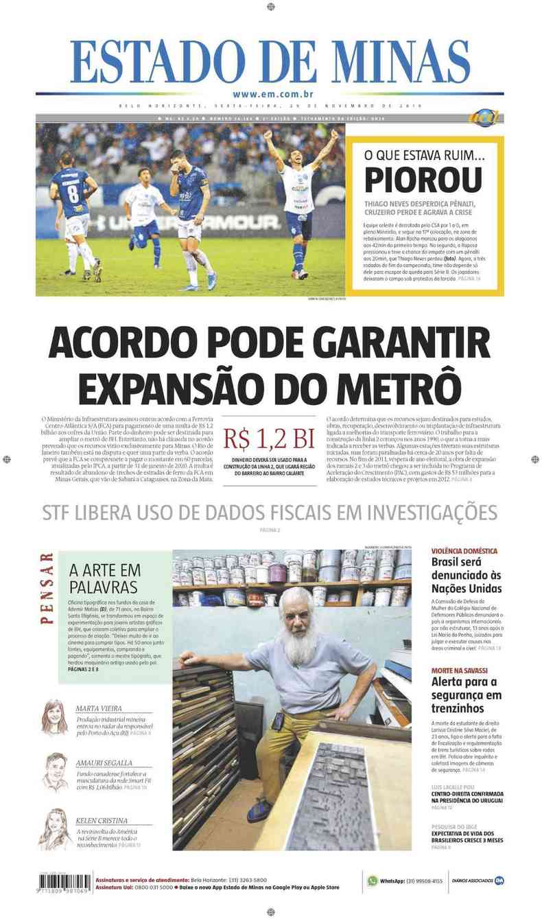 Confira a Capa do Jornal Estado de Minas do dia 29/11/2019(foto: Estado de Minas)