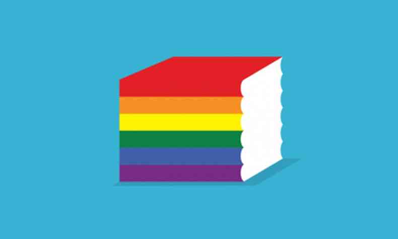 ilustração com livros coloridos na bandeira do arco-íris