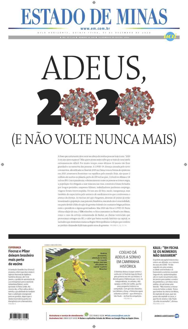 Confira a Capa do Jornal Estado de Minas do dia 31/12/2020(foto: Estado de Minas)