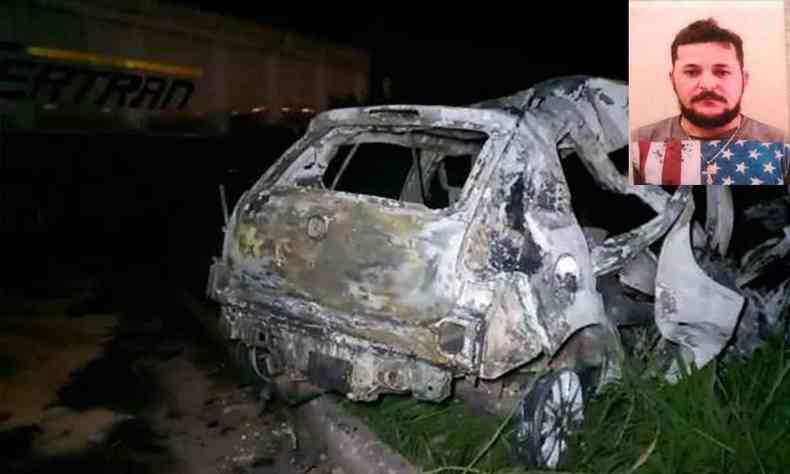 Fiat Palio destruído após ser consumido pelo fogo com a foto em destaque de Abraão Gomes Dutra, motorista morto carbonizado