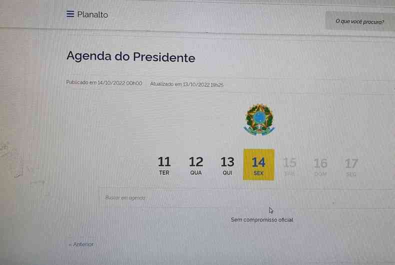 Print do site do Palcio do Planalto com a agenda do presidente sem compromissos para hoje