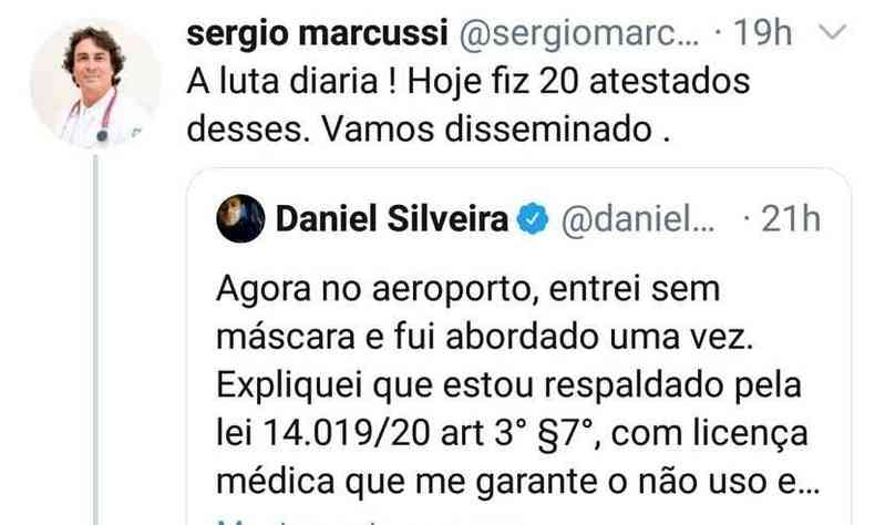 Postagem de Sergio Marcussi cita deputado federal que chama a mscara de ''focinheira ideolgica''(foto: Reproduo/Twitter)