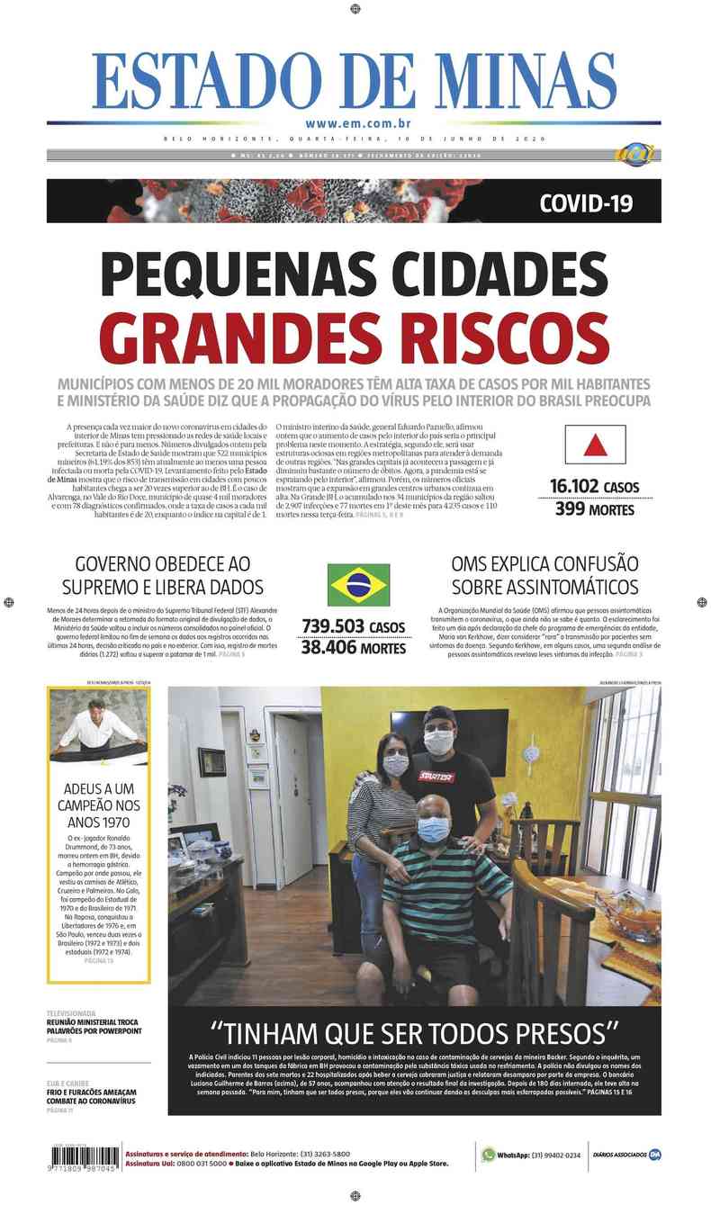 Confira a Capa do Jornal Estado de Minas do dia 10/06/2020(foto: Estado de Minas)