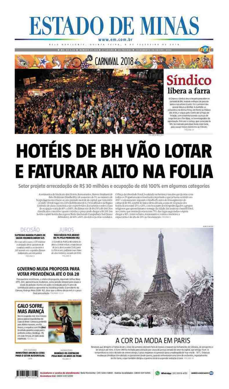 Confira a Capa do Jornal Estado de Minas do dia 08/02/2018