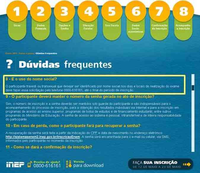 Site traz orientaes para os candidatos travestis ou transexuais(foto: Reproduo/inep.gov.br)