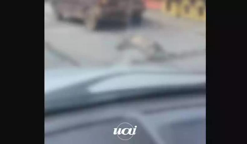 Frame de vdeo em que idoso  flagrado arrastando cadela pelas ruas de Betim