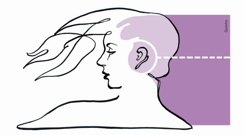ilustração mostra mulher de costas e de perfil, com traço pontilhado sobre a orelha