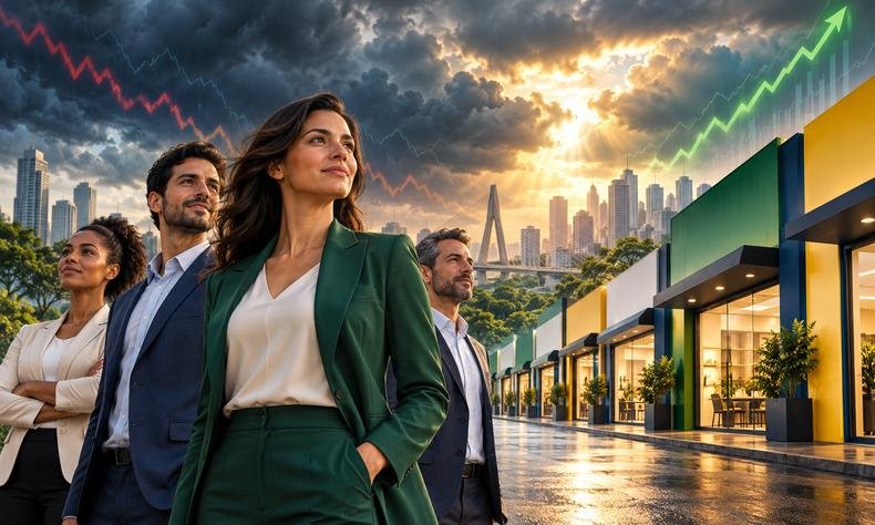 Diante da turbulência econômica, o franchising mostra sua força: negócios estruturados, expansão inteligente e empreendedores que seguem construindo o futuro.(foto: GPT IA) Quatro empresários diante de lojas modernas, sob céu de tempestade, com gráficos de queda e alta simbolizando crise econômica, resiliência e crescimento.