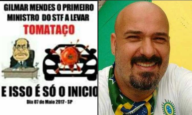 Ricardo Rocch compartilhou a imagem na qual tanto adjetiva o Gilmar Mendes como bandido e ainda oferece a recompensa de RS 300 para aquele que acertar a cabeça do ministro com tomates(foto: Reprodução/Facebook) Ricardo Rocch compartilhou a imagem na qual tanto adjetiva o Gilmar Mendes como bandido e ainda oferece a recompensa de RS 300 para aquele que acertar a cabeça do ministro com tomates(foto: Reprodução/Facebook)