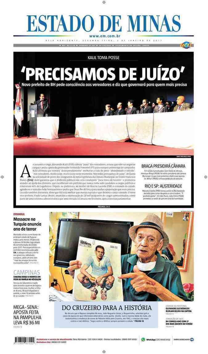 Confira a Capa do Jornal Estado de Minas do dia 02/01/2017