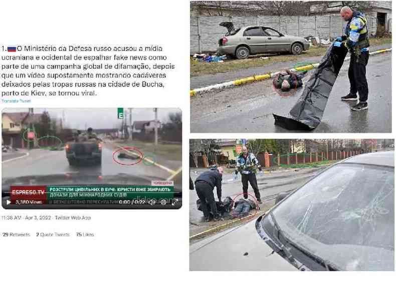 Comparao feita em 4 de abril de 2022 entre um tute (E) e duas fotografias feitas em 3 de abril de 2022 em Bucha