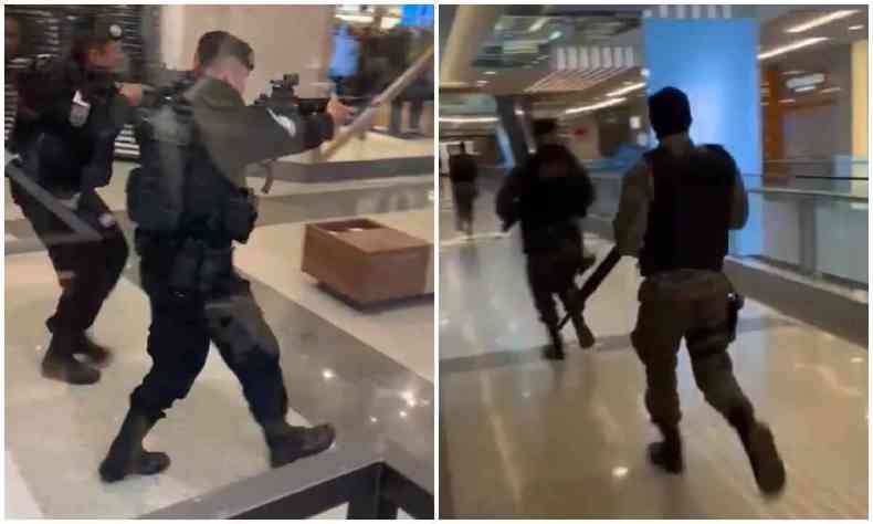 montagem de duas fotos com policiais armados no BH Shopping