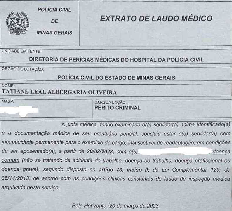 Laudo médico emitido pela Polícia Civil para Tatiane