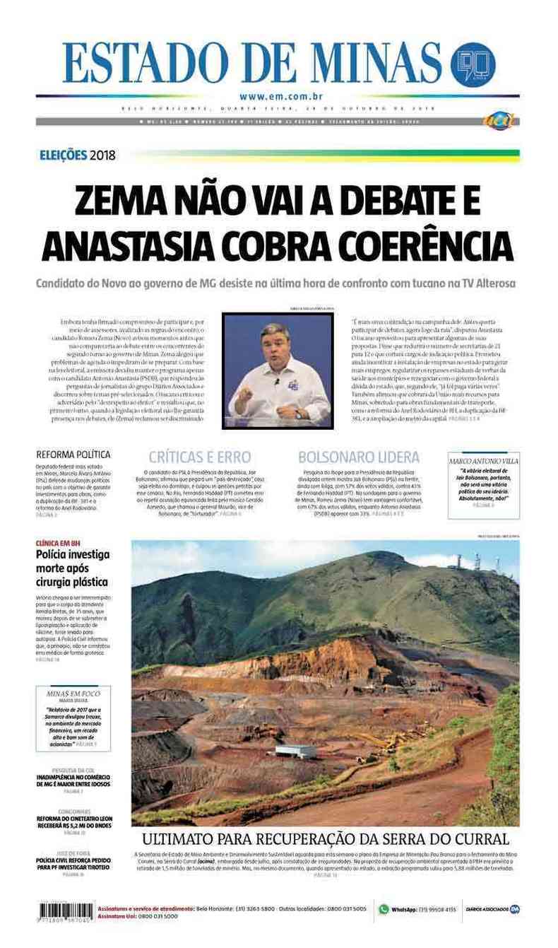 Confira a Capa do Jornal Estado de Minas do dia 24/10/2018(foto: Estado de Minas)