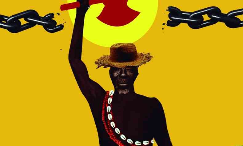 Colagem feita pelo artista SENEGAMBIA. A imagem tem fundo amarelo e a figura do Alforriado Matias segura uma machadinha enquanto rompe correntes acima de sua cabeça