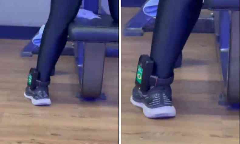mulher usa tornozeleira eletrnica com a bandeira do Brasil em academia