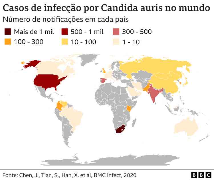 e casos de infeco por Candida auris no mundo