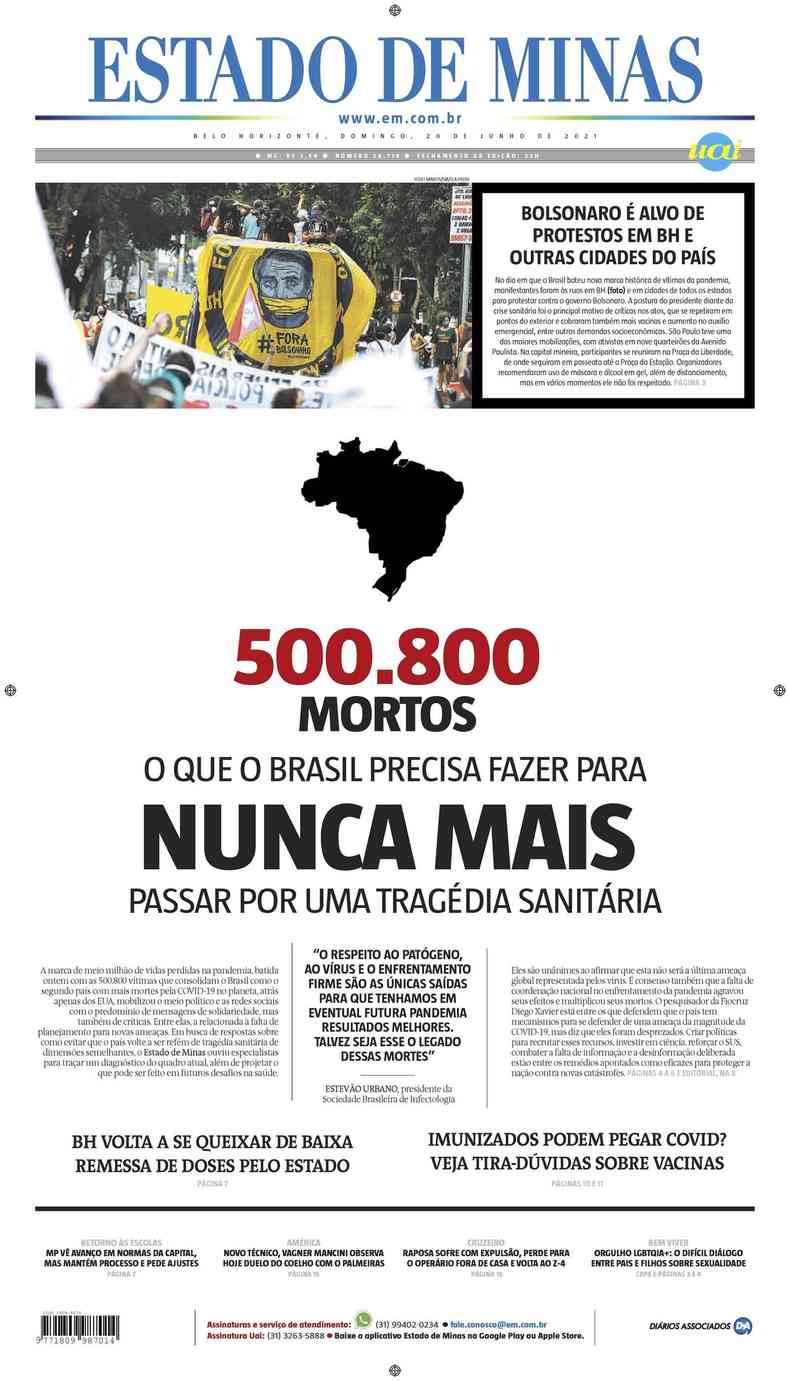 Confira a Capa do Jornal Estado de Minas do dia 20/06/2021(foto: Estado de Minas)