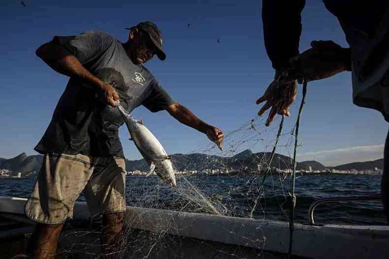 Pescador tira peixe da rede em barco em Copacabana