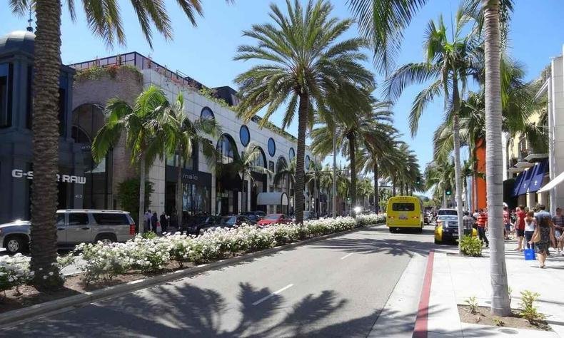 rua com �rvores, �nibus e lojas