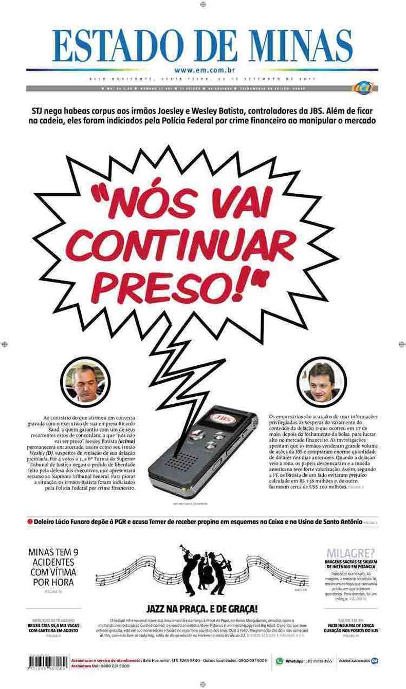 Confira a Capa do Jornal Estado de Minas do dia 22/09/2017