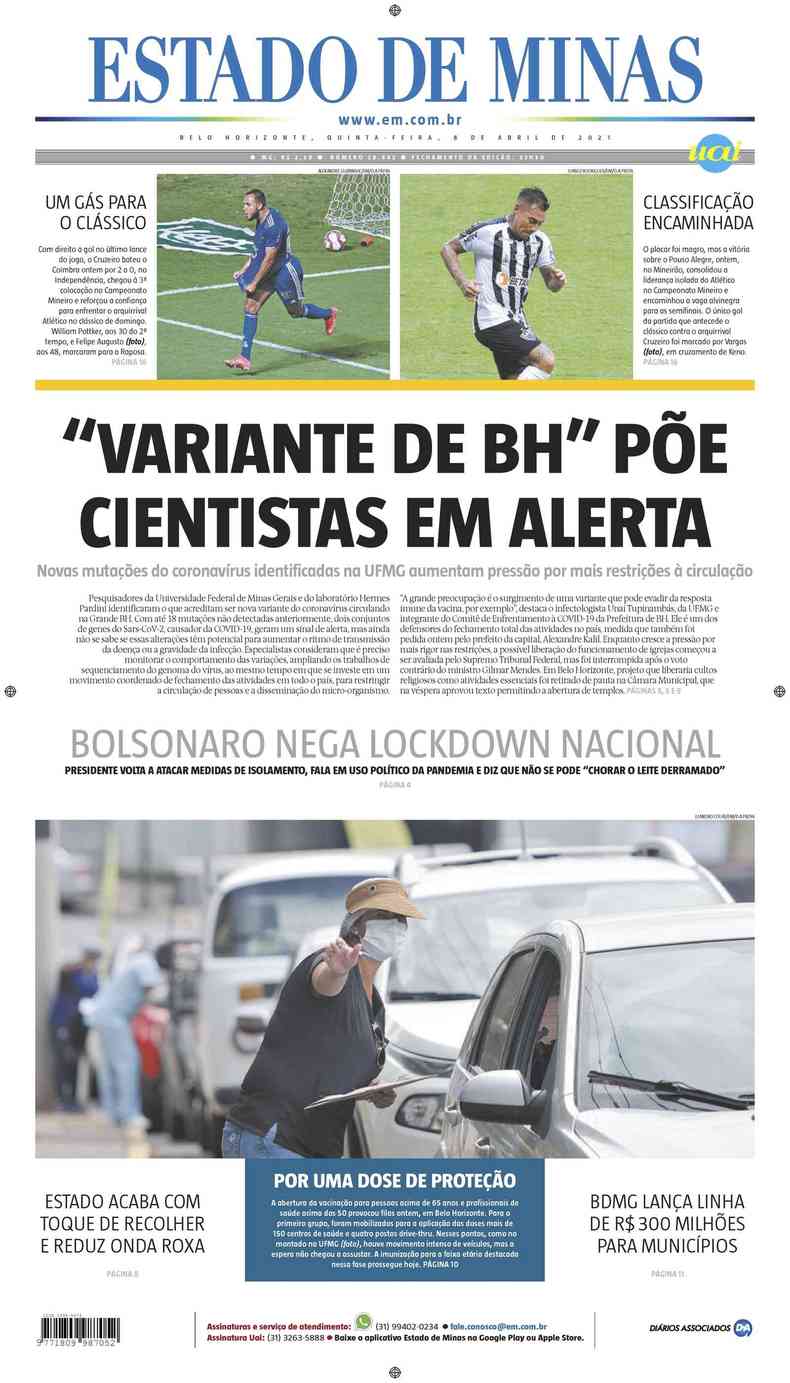 Confira a Capa do Jornal Estado de Minas do dia 08/04/2021(foto: Estado de Minas)