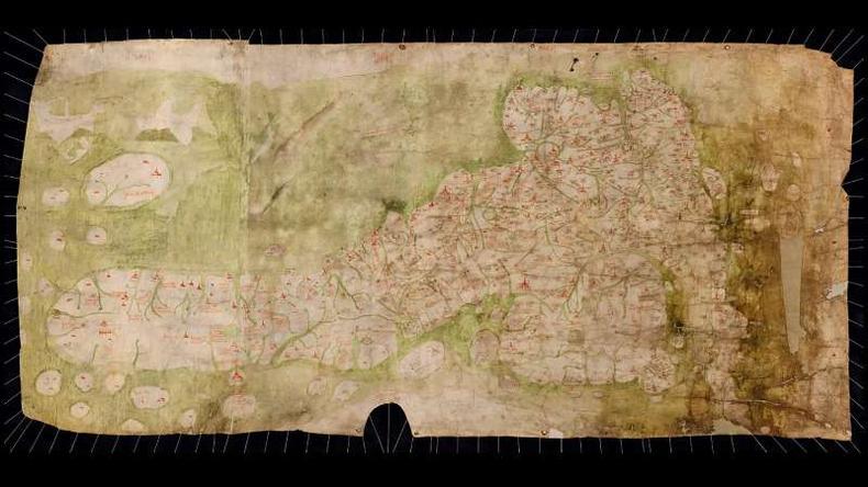 O mapa de Gough mostra a ilha da Gr-Bretanha, com a Esccia  esquerda e a Inglaterra e o Pas de Gales,  direita