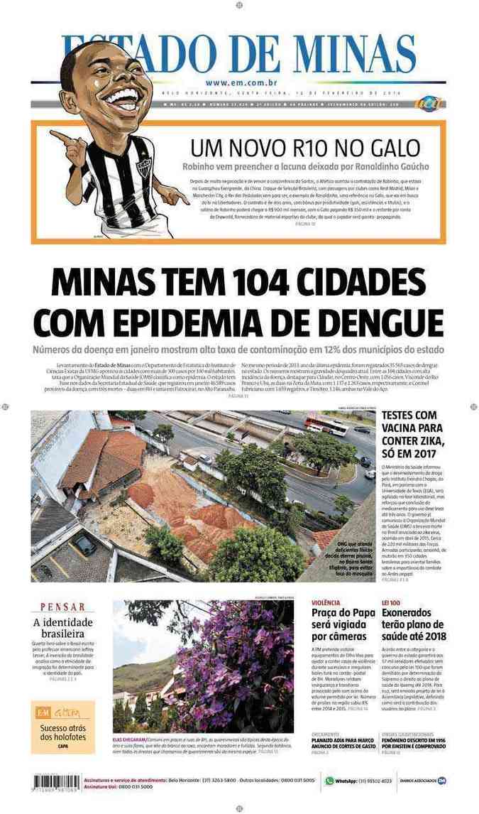 Confira a Capa do Jornal Estado de Minas do dia 12/02/2016