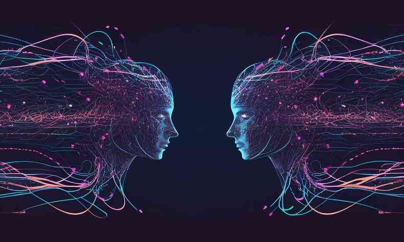 dois rostos frente a frente formados por linhas brilhantes de bits em um ambiente virtual