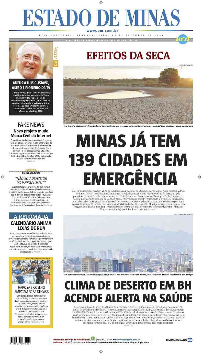 Confira a Capa do Jornal Estado de Minas do dia 20/09/2021