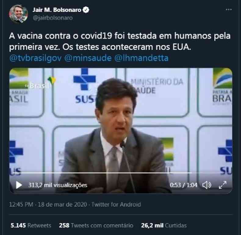 Post feito por Jair Bolsonaro em maro de 2020(foto: Twitter/Reproduo)