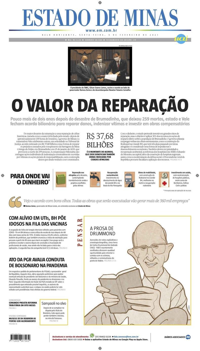 Confira a Capa do Jornal Estado de Minas do dia 05/02/2021(foto: Estado de Minas)