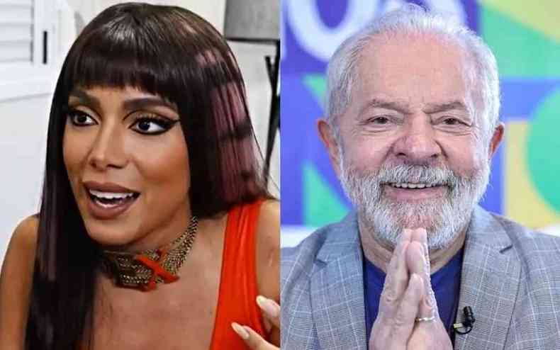 Montagem: Na direita: Lula faz sinal de agradecimento com as mos. Na esquerda: Anitta d entrevistas com roupa vermelha
