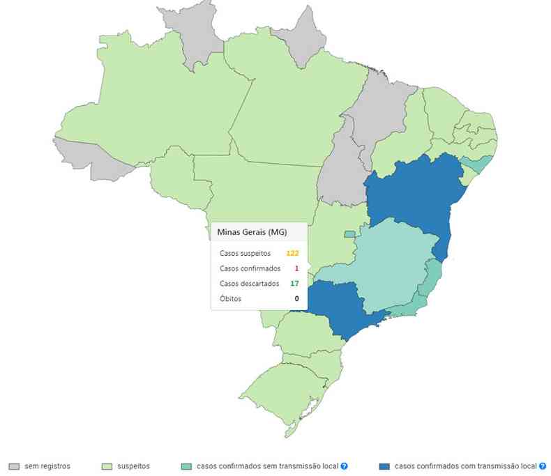 Mapa mostra a situao dos estados brasileiros em relao  doena(foto: Ministrio da Sade/Divulgao)