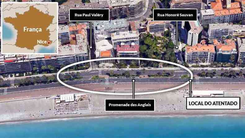 Trecho na orla da cidade onde ocorreu o ataque na Riviera Francesa  conhecido como Passeio dos Ingleses, e  um dos pontos mais frequentados por turistas e moradores 