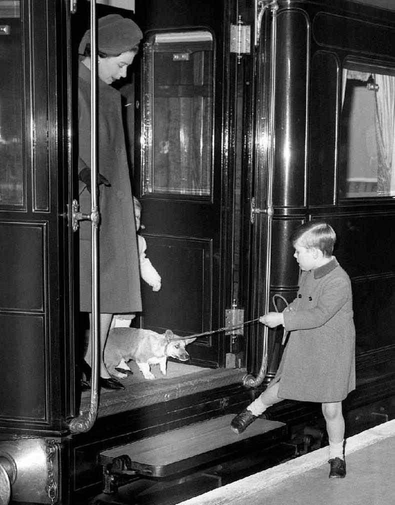 Uma foto em preto e branco de 1966 do prncipe Andrew, um menino de meias at o joelho, incentivando um relutante corgi real a deixar o trem na estao de Liverpool Street, em Londres