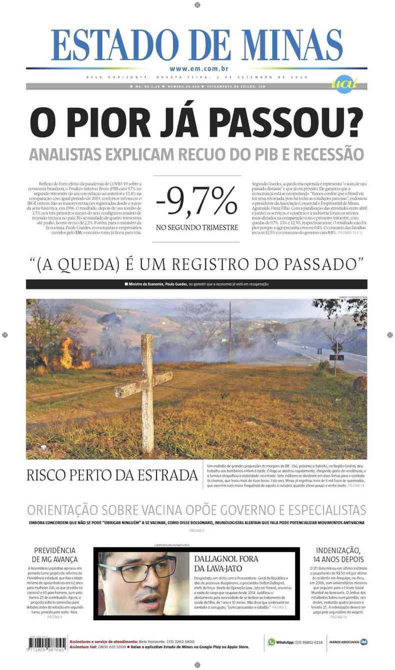 Confira a Capa do Jornal Estado de Minas do dia 02/09/2020(foto: Estado de Minas)