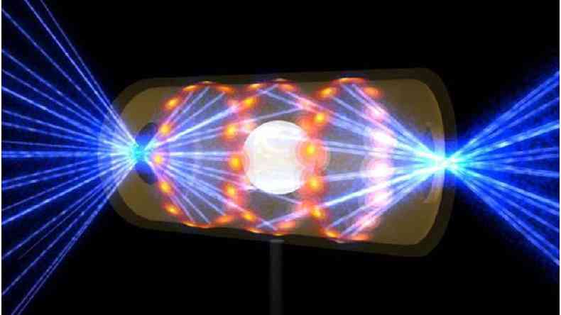 Ilustrao mostra uma frao de combustvel de hidrognio dentro de um recipiente chamado hohlraum(foto: LLNL)