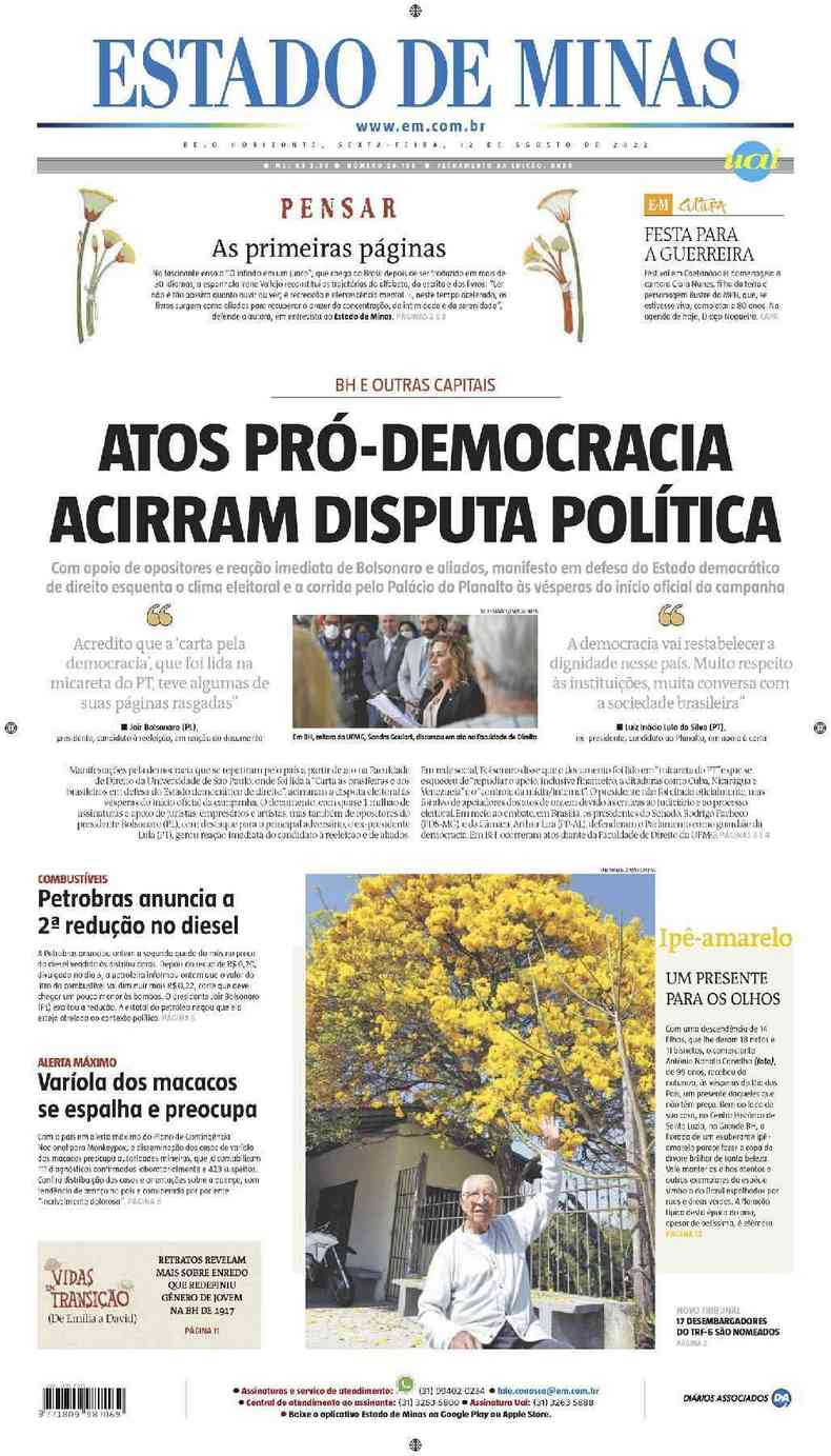 Confira a Capa do Jornal Estado de Minas do dia 12/08/2022