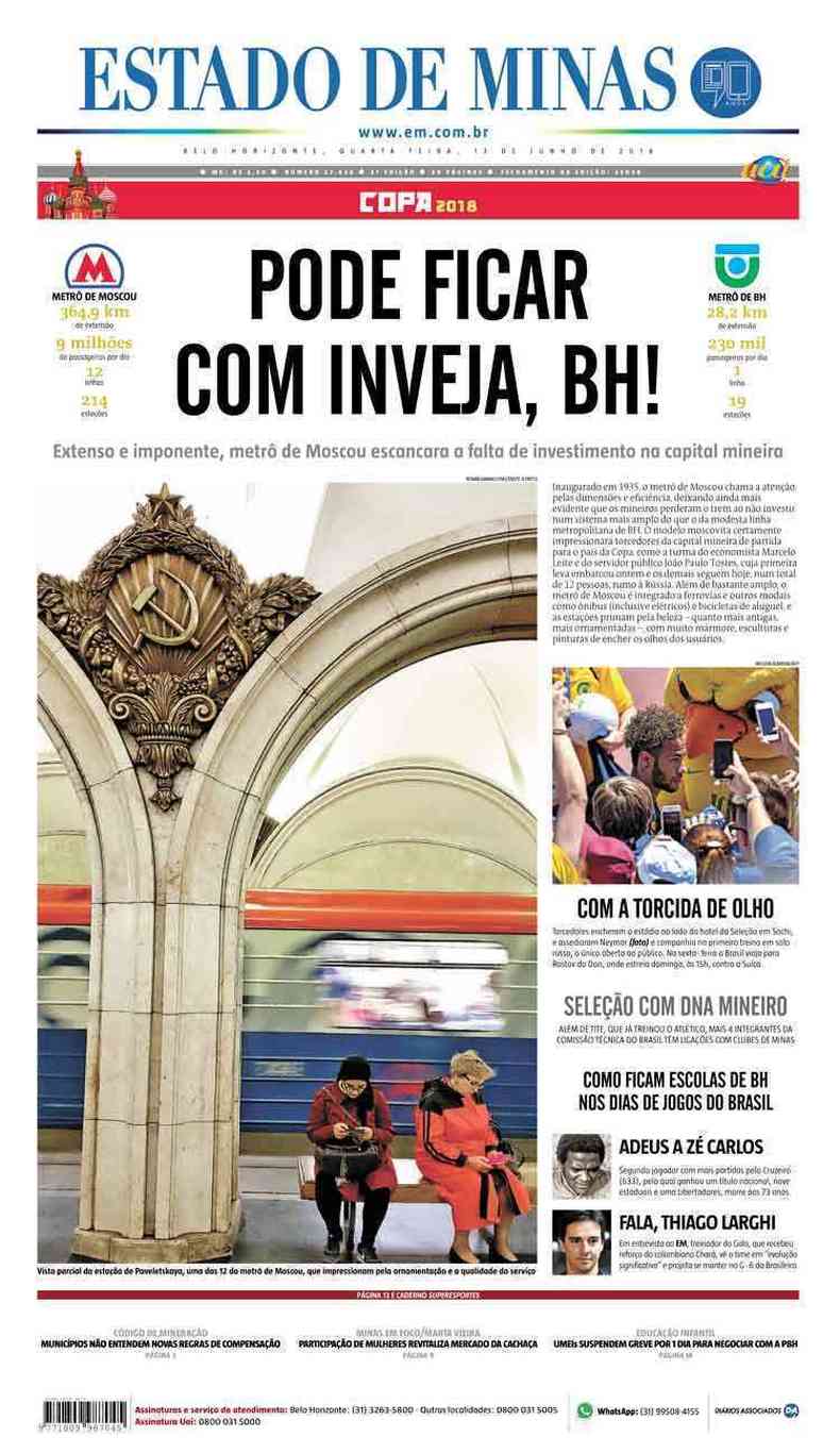 Confira a Capa do Jornal Estado de Minas do dia 13/06/2018