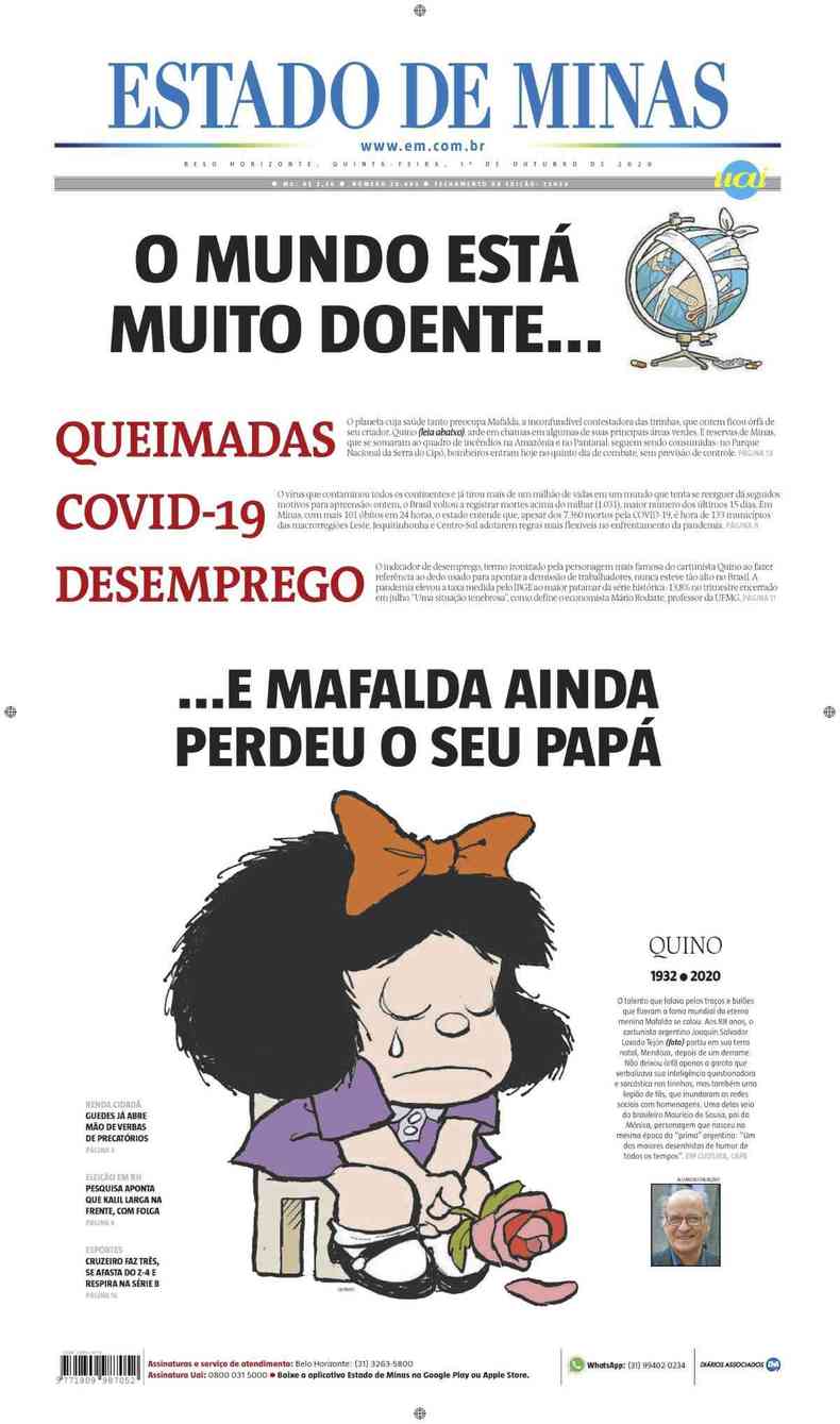 Confira a Capa do Jornal Estado de Minas do dia 01/10/2020(foto: Estado de Minas)