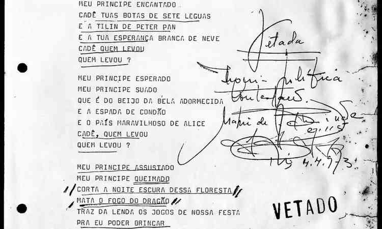 Documento da censura em que trechos da letra da cano Cad so vetados pela censora Marina Duarte