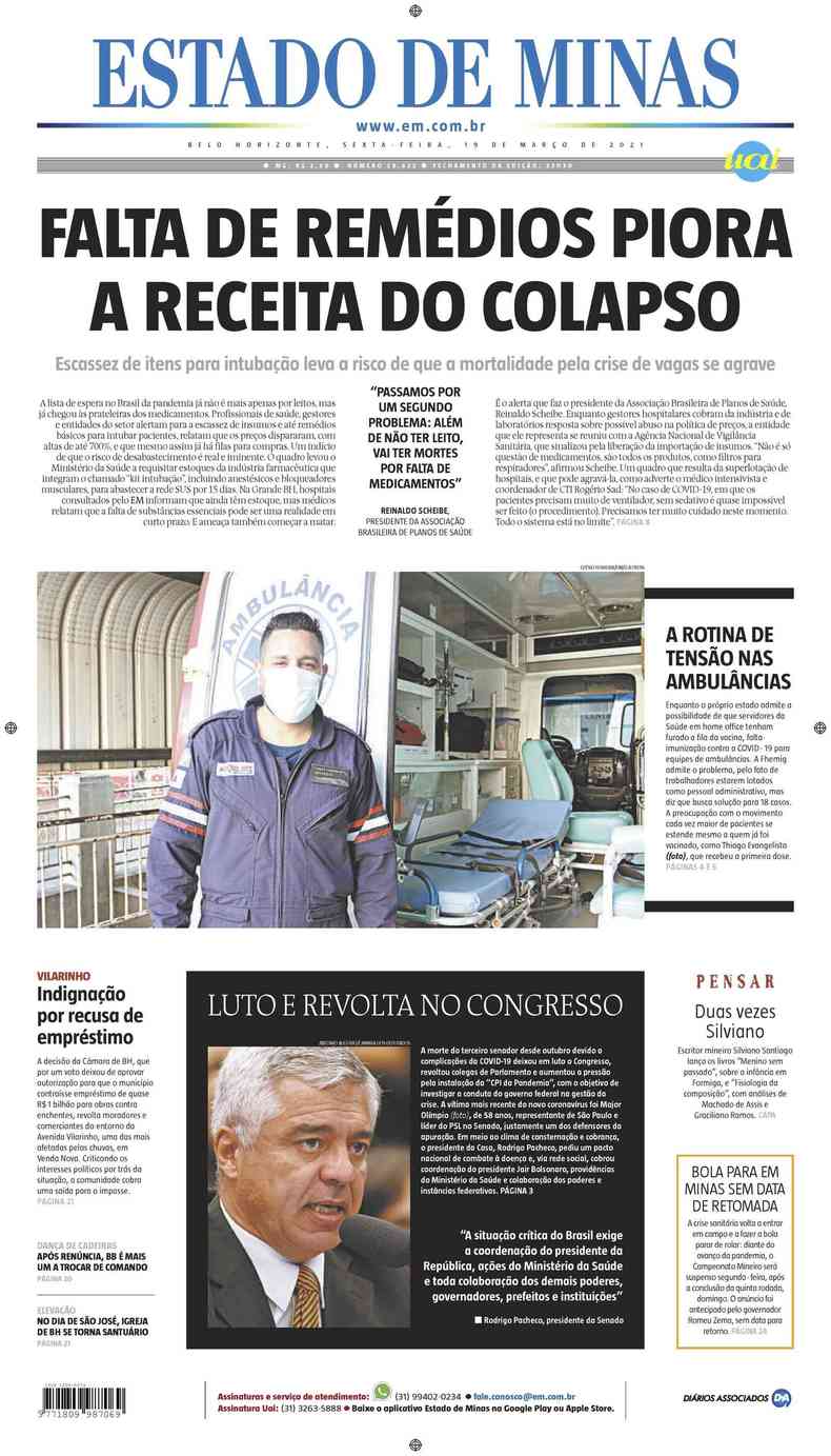 Confira a Capa do Jornal Estado de Minas do dia 19/03/2021(foto: Estado de Minas)