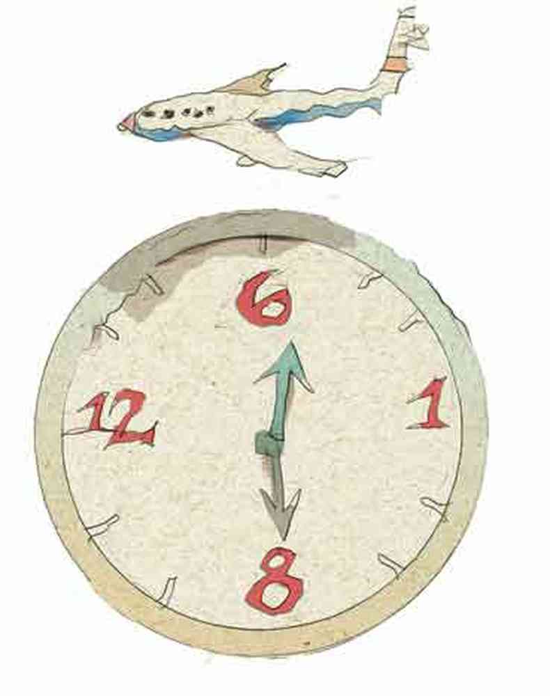 Imagem mostra avião sobre relógio com horários trocados
