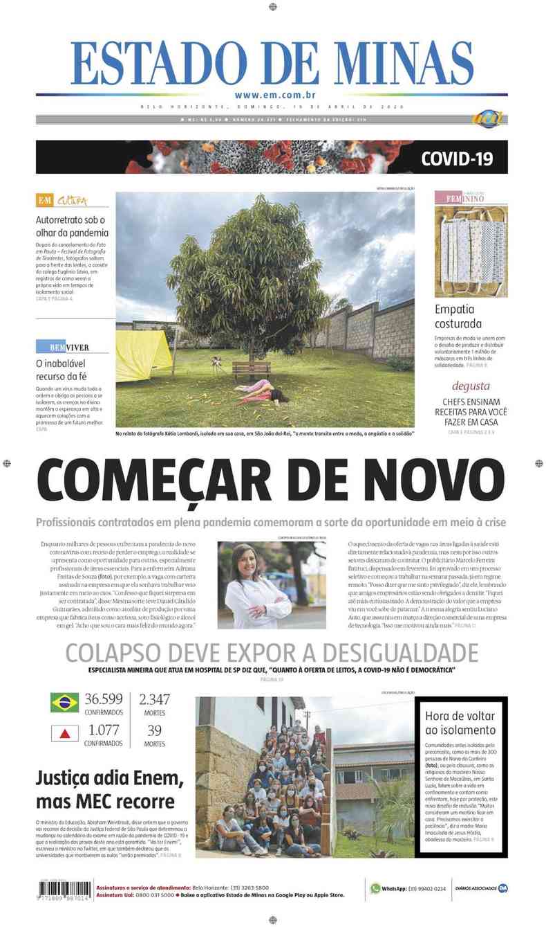 Confira a Capa do Jornal Estado de Minas do dia 19/04/2020(foto: Estado de Minas)