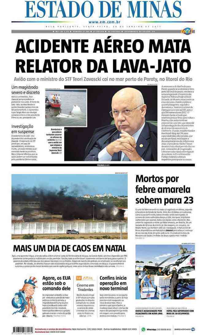 Confira a Capa do Jornal Estado de Minas do dia 20/01/2017